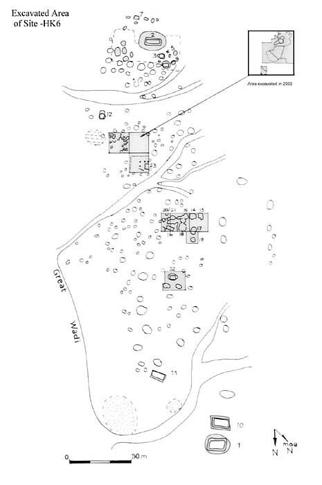Map of the cemetery at HK6 and the excavation areas
