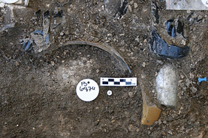 FS 6874 is a shell button that was found with another yellow-ware chamber pot, medicine bottle, and two clusters of glass (probable ale bottles).